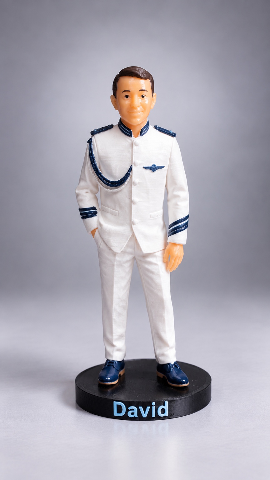 Figura de David con traje blanco y detalles azules