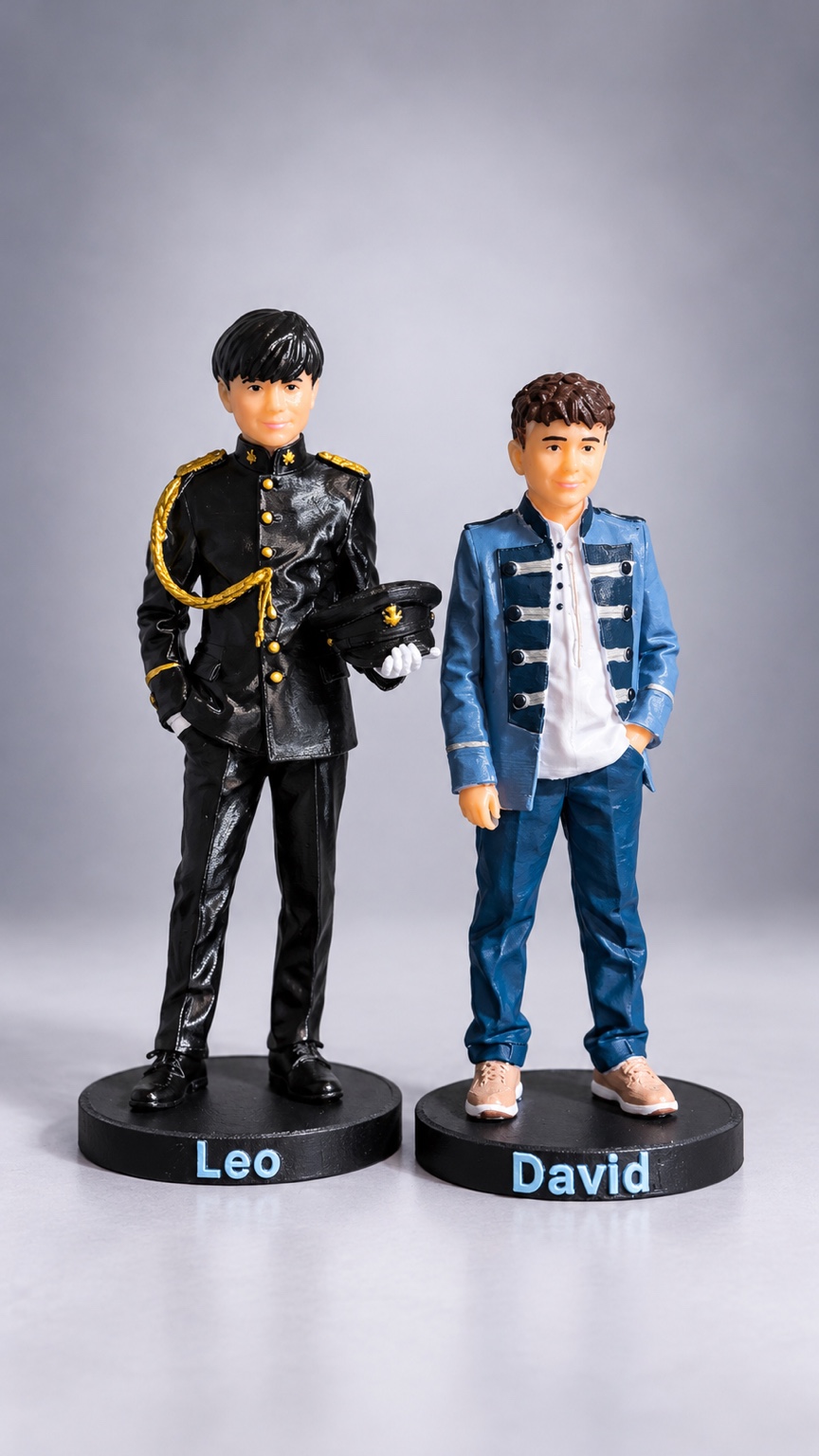 Dos figuras de comunión, Leo y David, en peanas individuales