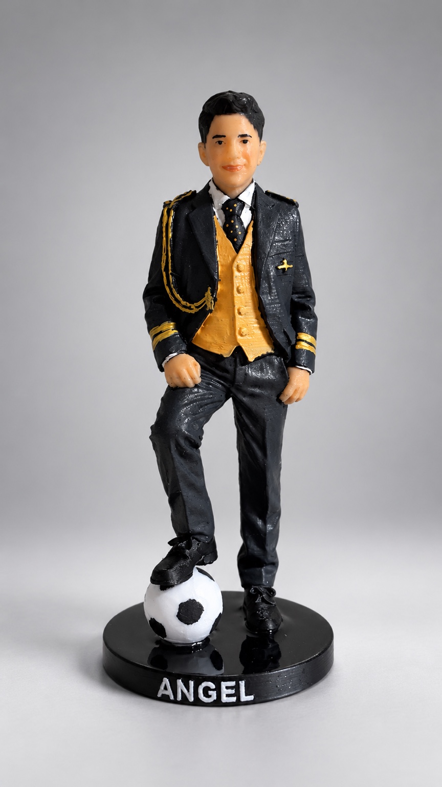 Figura de Ángel con traje oscuro y balón de fútbol