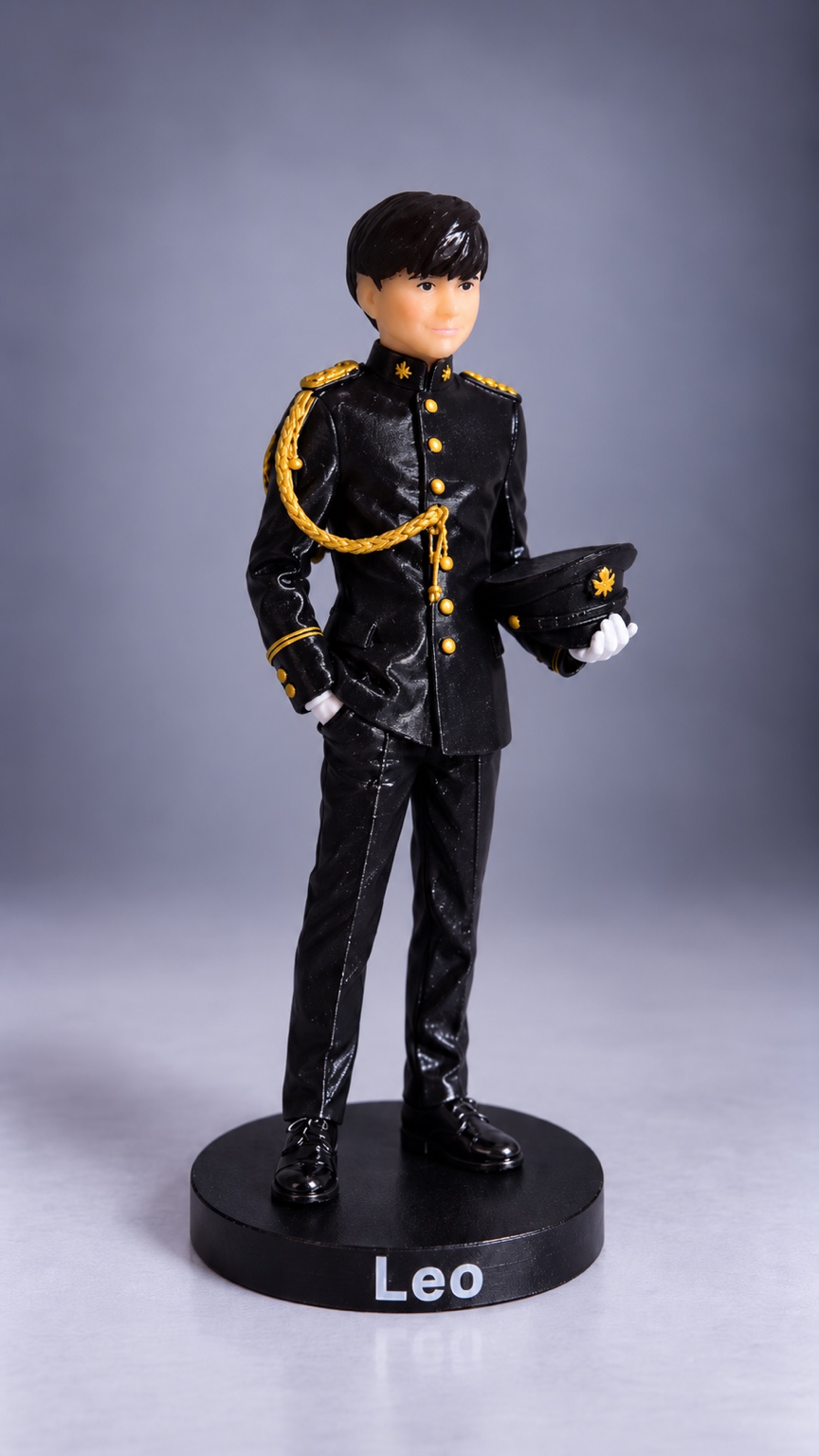 Figura de Leo con traje negro y detalles dorados