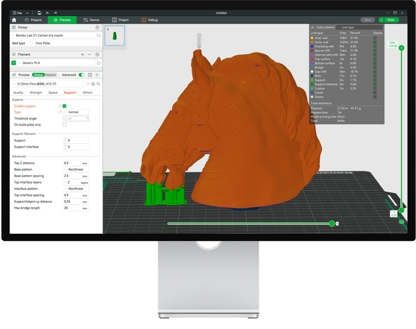 Modelo 3D preparado en la vista previa de Bambu Studio