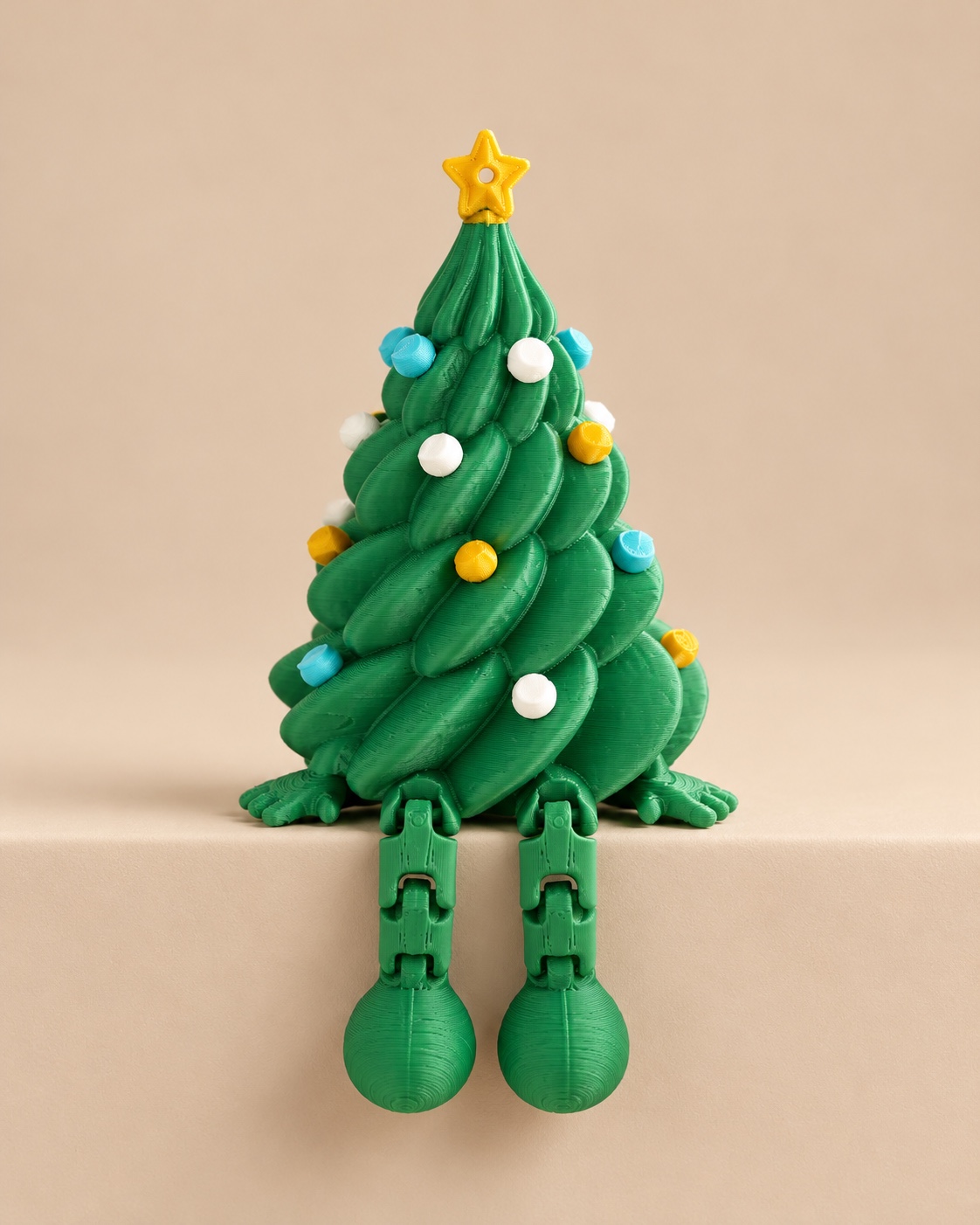 Árbol de Navidad verde con patas articuladas, bolas de colores y estrella amarilla
